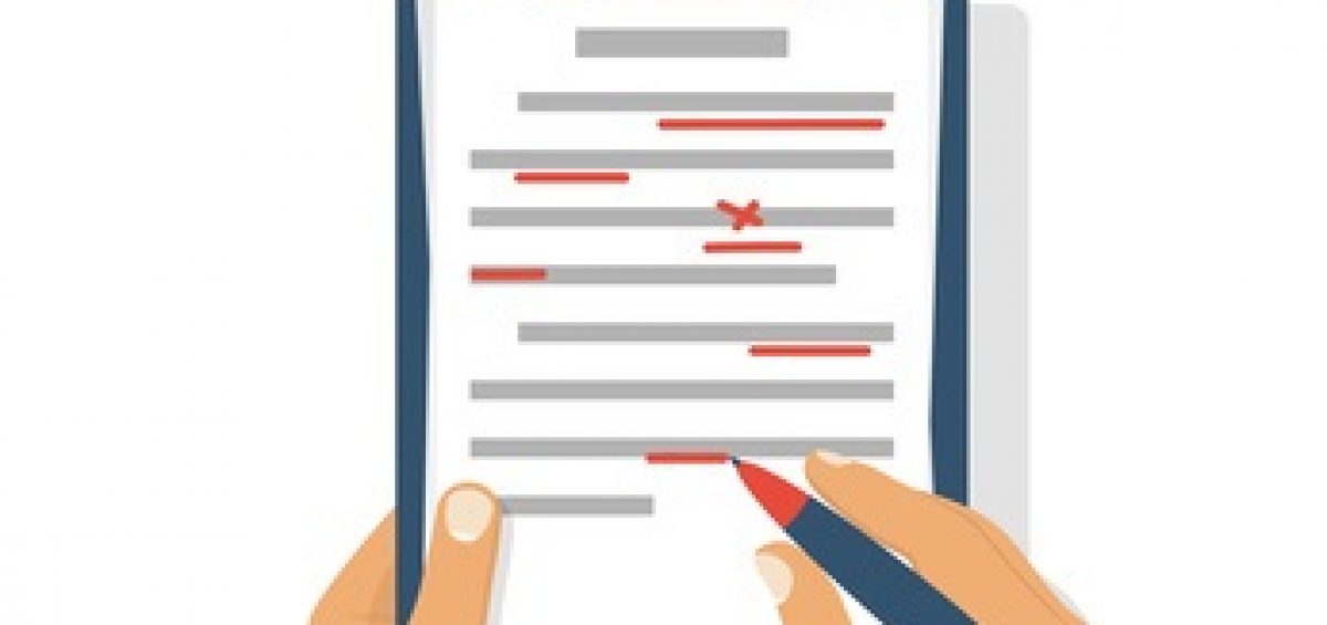 Editing documents to correct errors. Proofreader checks transcription written text. Clipboard and red pen in hands of men. Spell check. Vector illustration flat design. Isolated on white background.