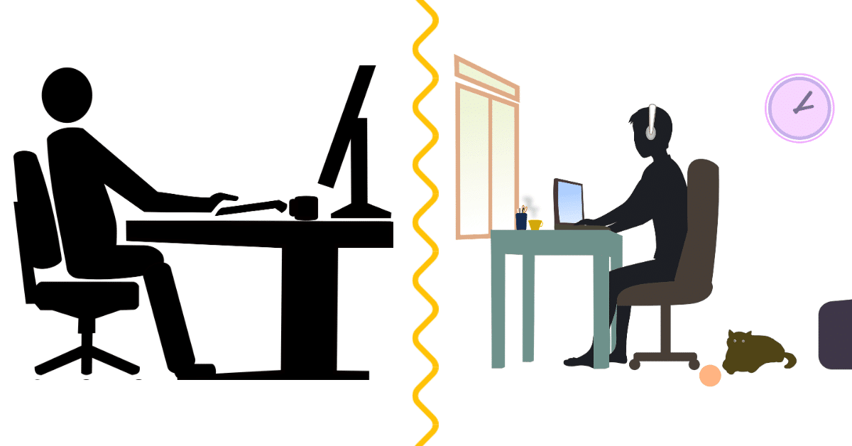 A picture split with the person on the left meant to depict a person working from the office and the one on the right meant to show a person working from home.