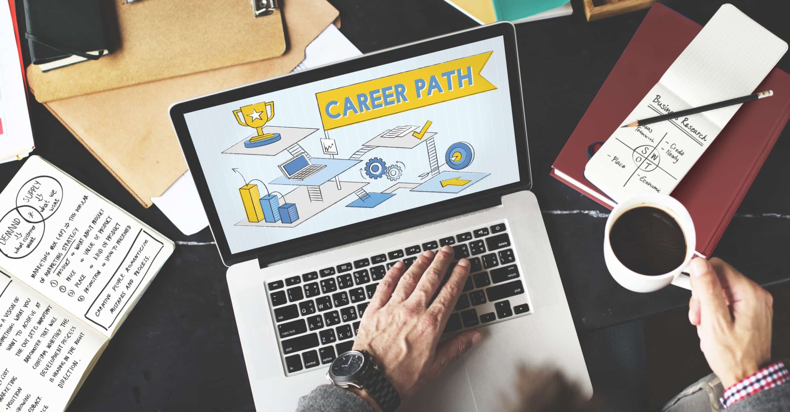 Career Path Employment Human Resources Work Concept. Man at laptop with the words career path in a graphic on his screen