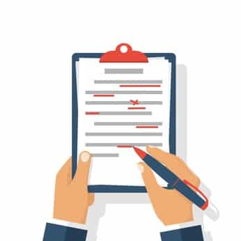 Editing documents to correct errors. Proofreader checks transcription written text. Clipboard and red pen in hands of men. Spell check. Vector illustration flat design. Isolated on white background.