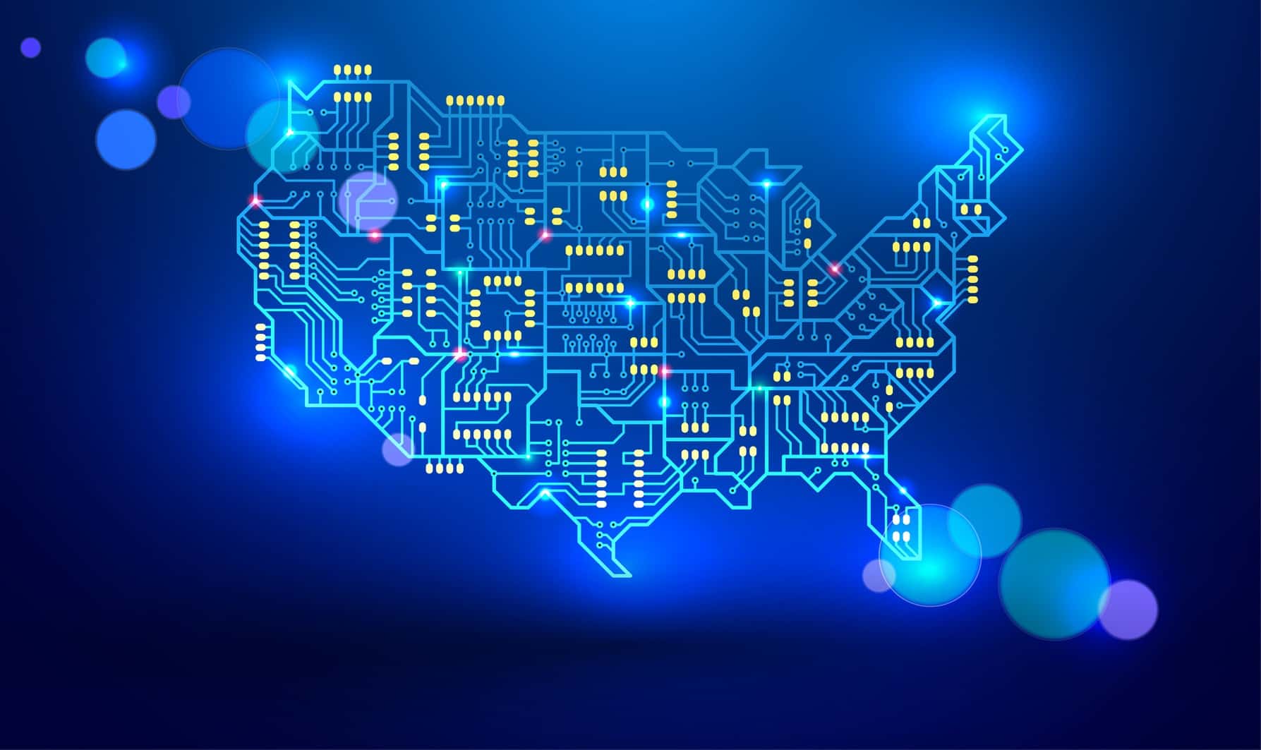 Map of the USA as a printed circuit Board. vector illustration. Electronic industry of America. luminous signals are transmitted via conductors and pads with bokeh effect