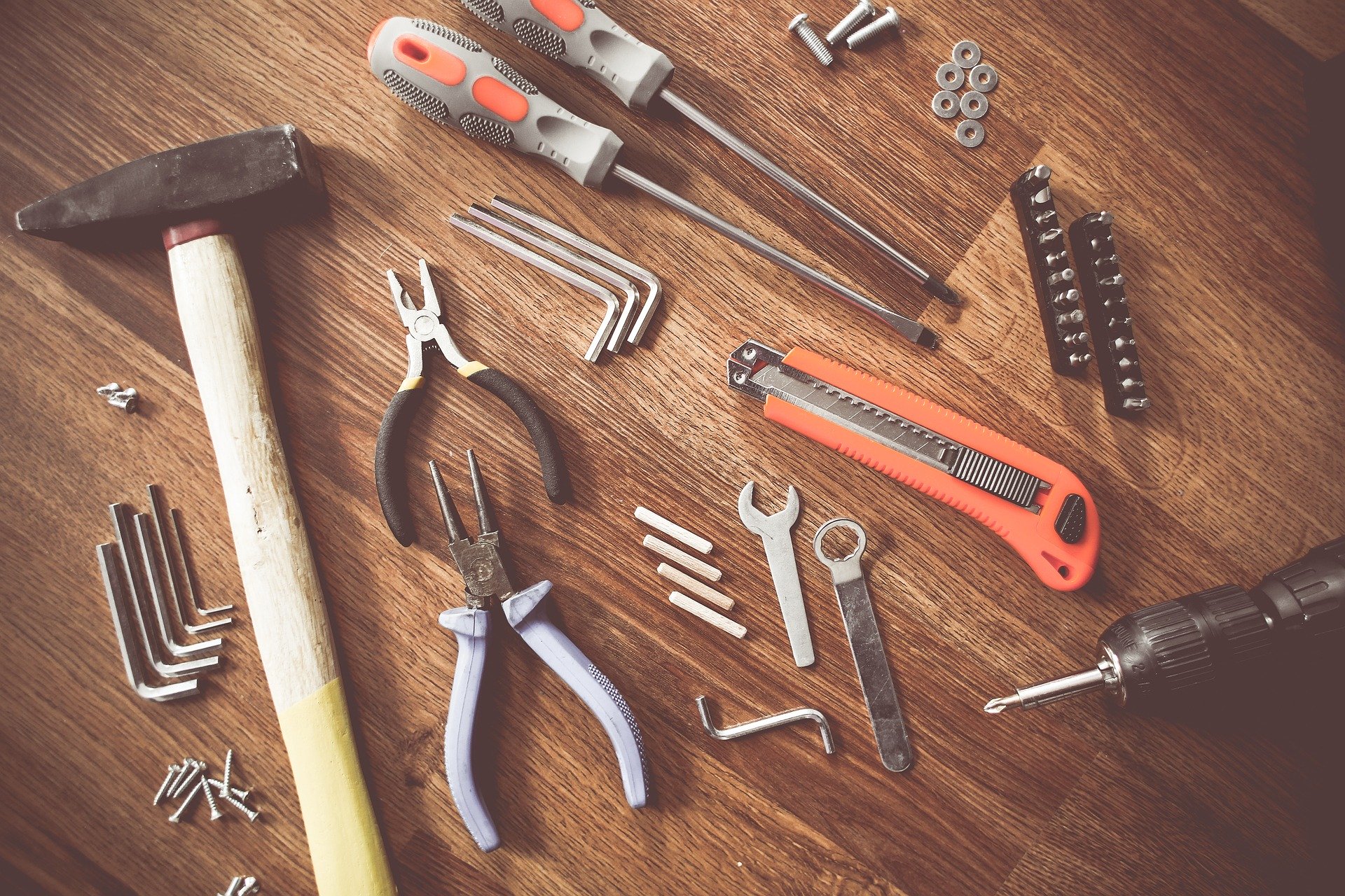 A variety of tools on a work bench