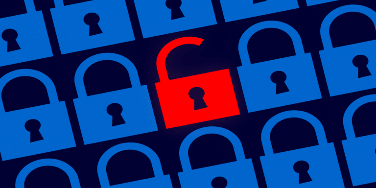 A series of blue locks all locked with the exception of one lock in red, unlocked. Meant to represent cybersecurity