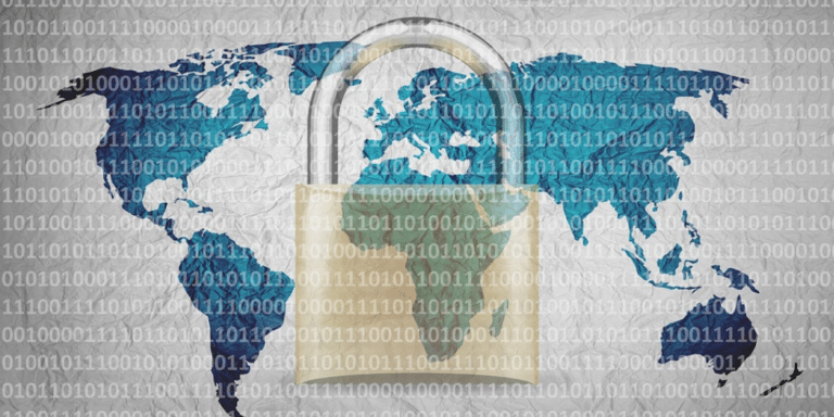 A lock placed over a map of the world meant to signify cybersecurity