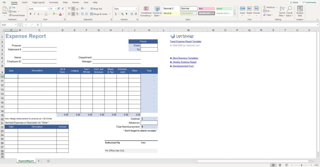 Expense report spreadsheet