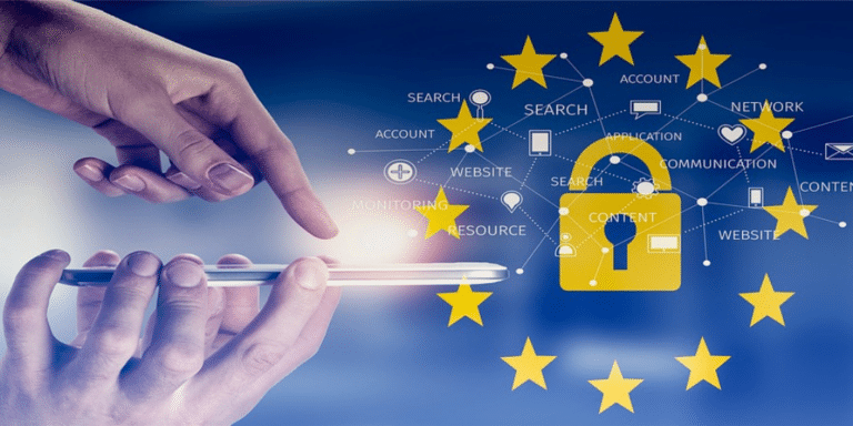 Persons hand touching a tablet next to a symbol of the European Union's (EU) General Data Protection Regulation (GDPR) logo