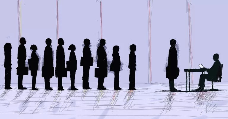 Image depicting the silhouettes of people standing in line waiting to interview