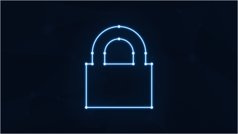 Illustration of a neon blue padlock on an all black background
