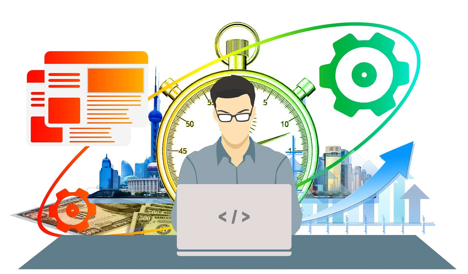 Animated image of a man working behind a computer with symbols meant to represent productivity.