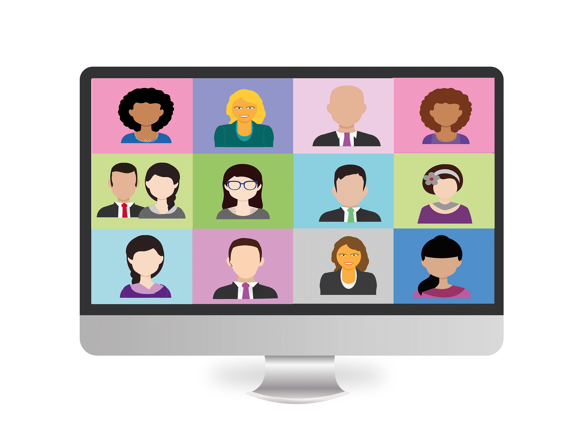 Computer screen with many cartoon faces meant to signify a remote working team