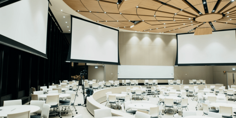 Empty room set up to hold a conference