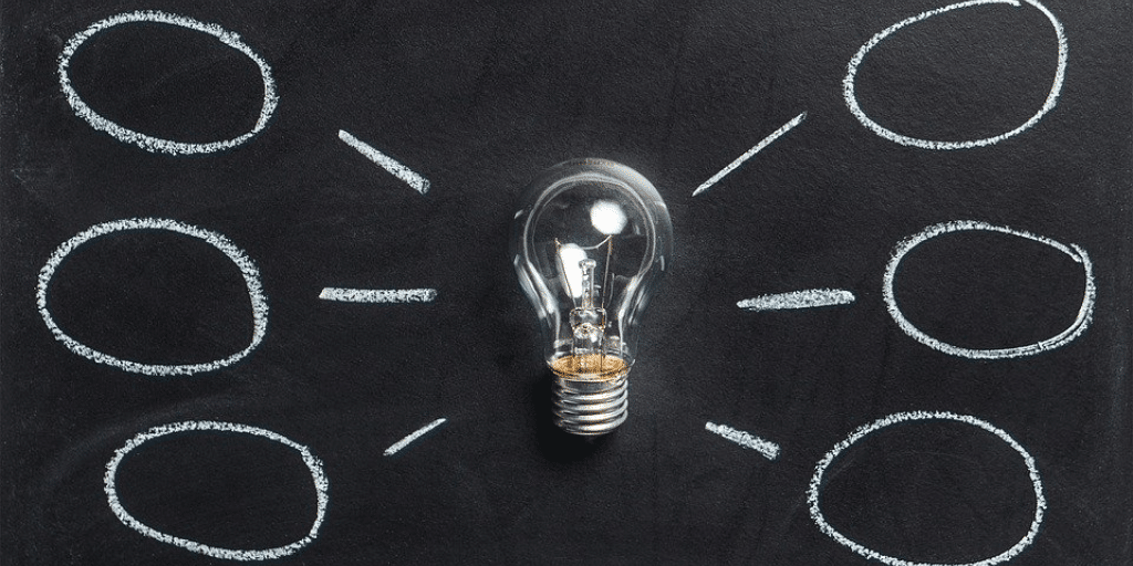 Light bulb in front of a chalkboard with six thought bubbles coming off of it