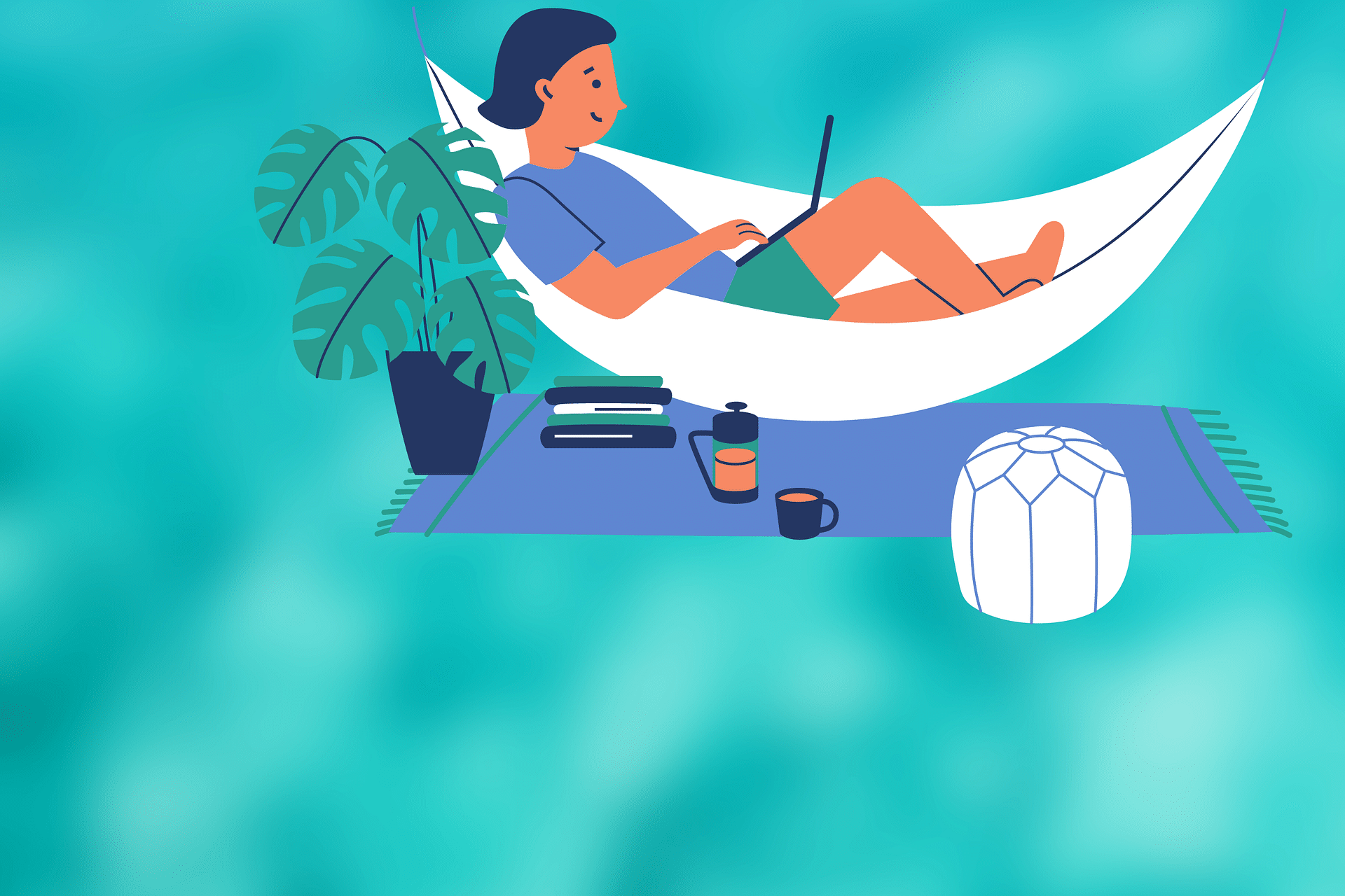 An illustration of a woman working on a hammock. Meant to symbolize working from home.