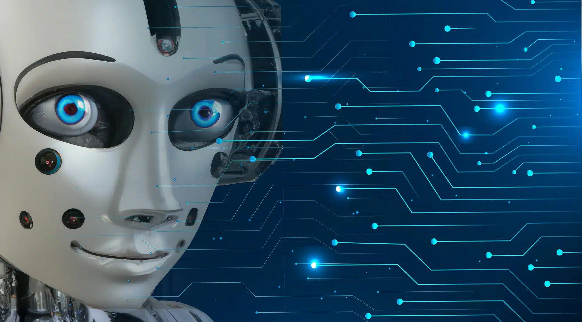Face of a robot next to highlighted lines representing a digital world