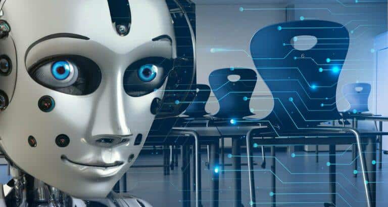 A robot's face next to classroom chairs