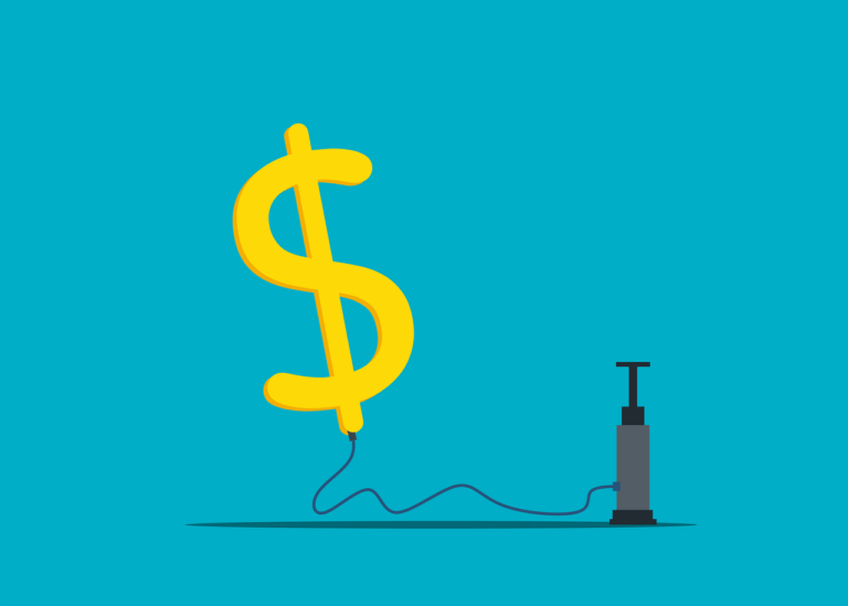 A balloon in the shape of a dollar sign, floating, and being blown up by an air pump