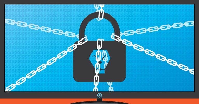An animated computer screen displaying a lock with chains around it