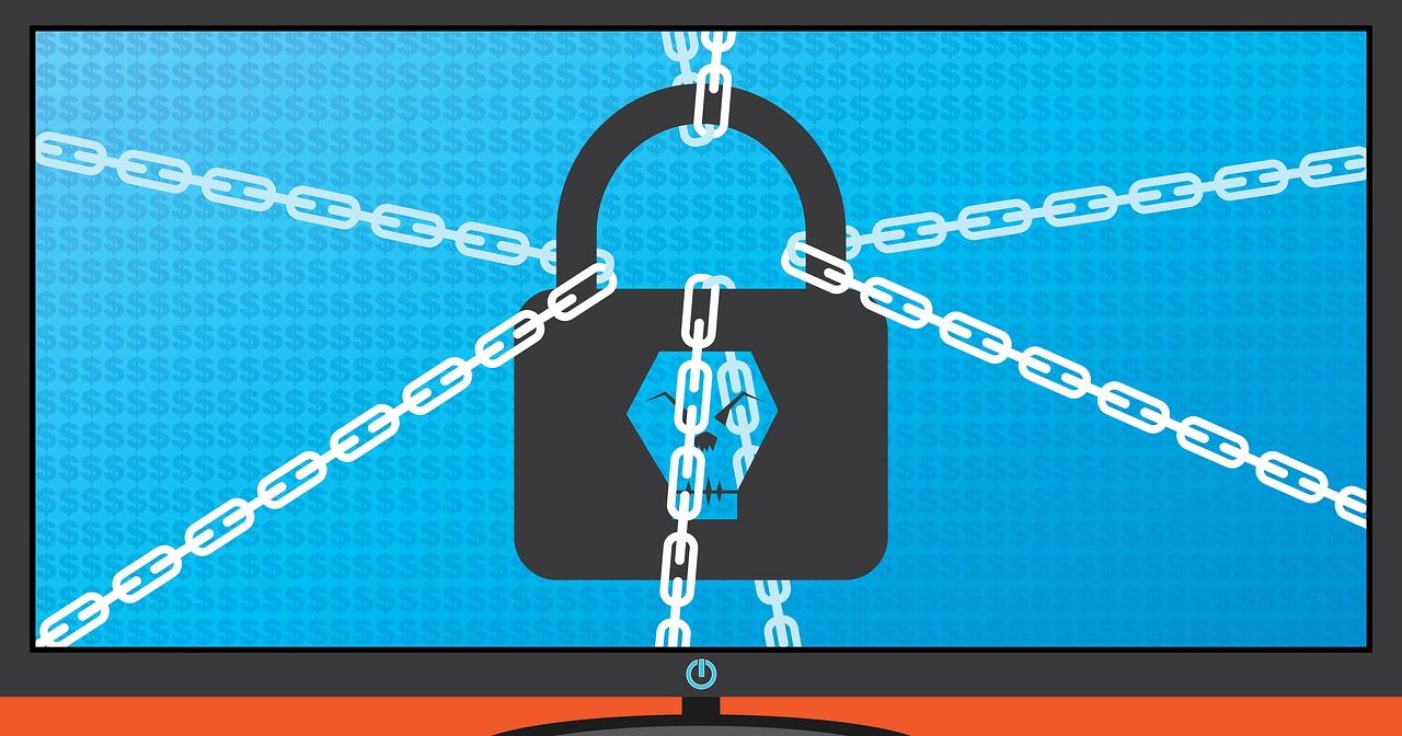 An animated computer screen displaying a lock with chains around it