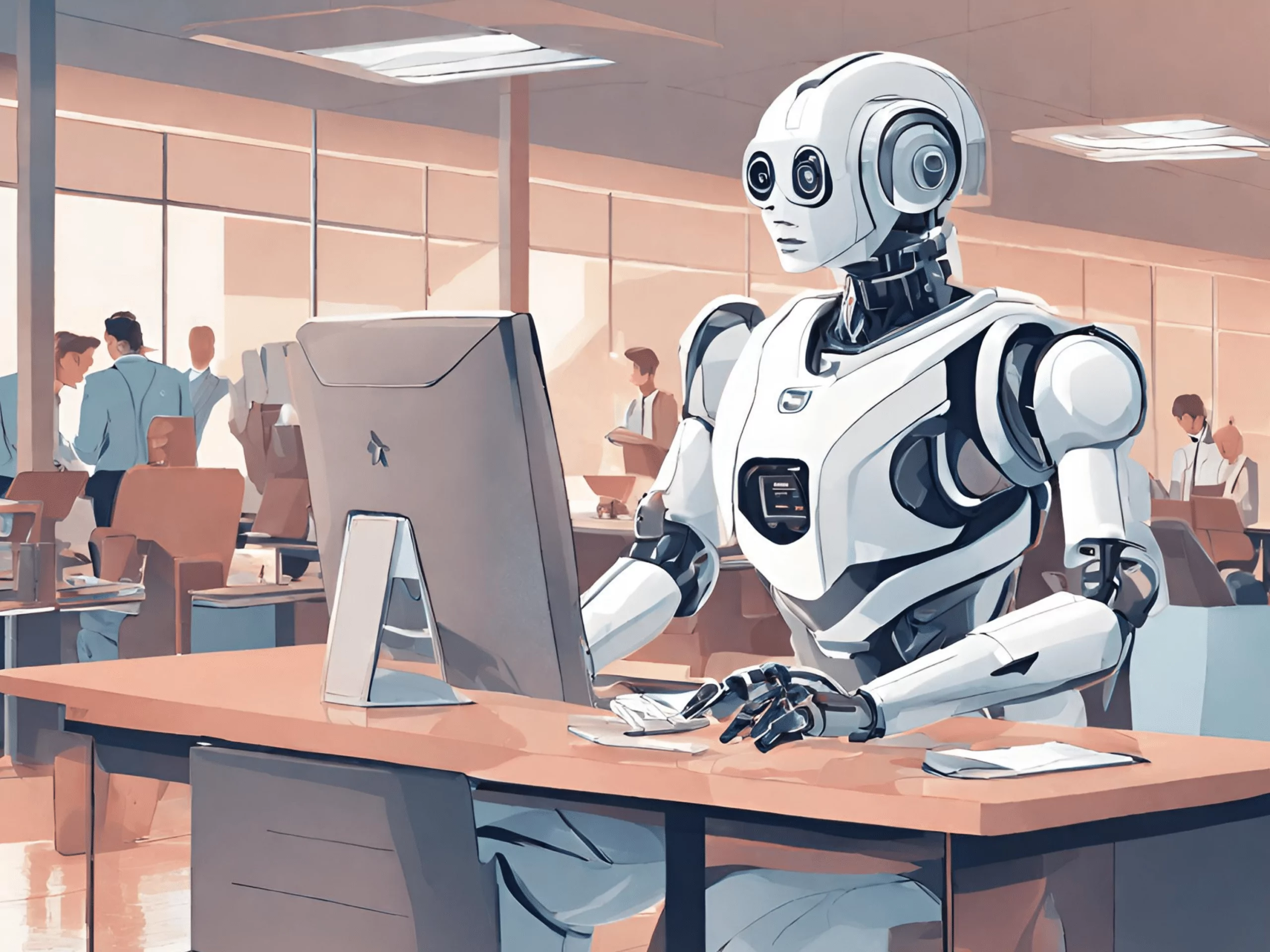 A robot sitting a desk in an office with office workers in the background.