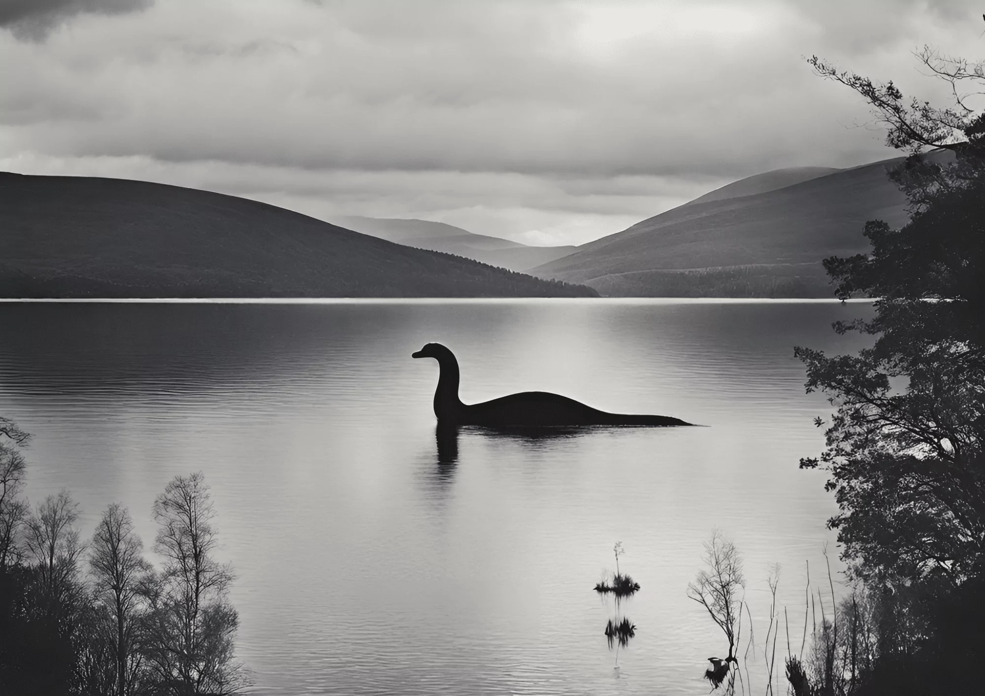 An image of the loch ness monster in a lake