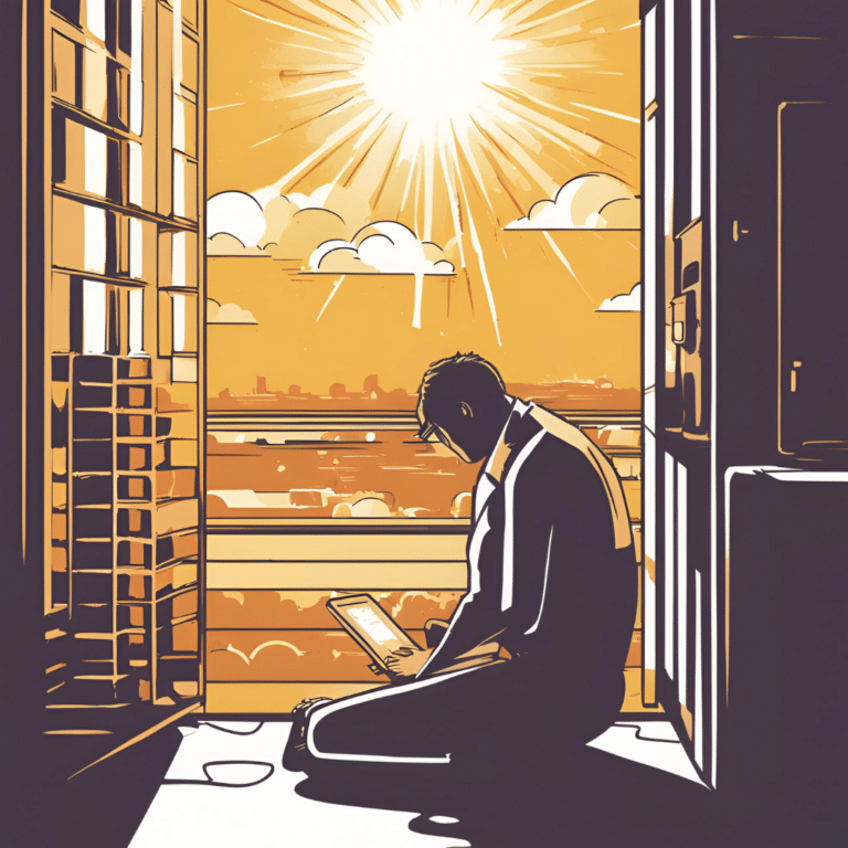 An image of an IT worker, on his laptop, burnt out by the summer sun.
