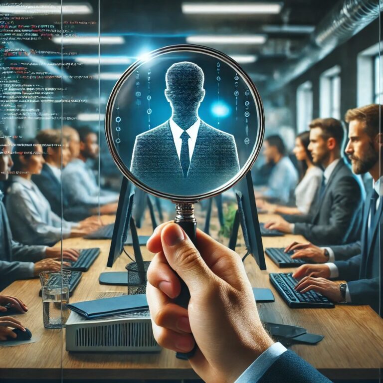 A professional business setting with a hand holding a magnifying glass, focusing on a group of IT professionals working on computers.