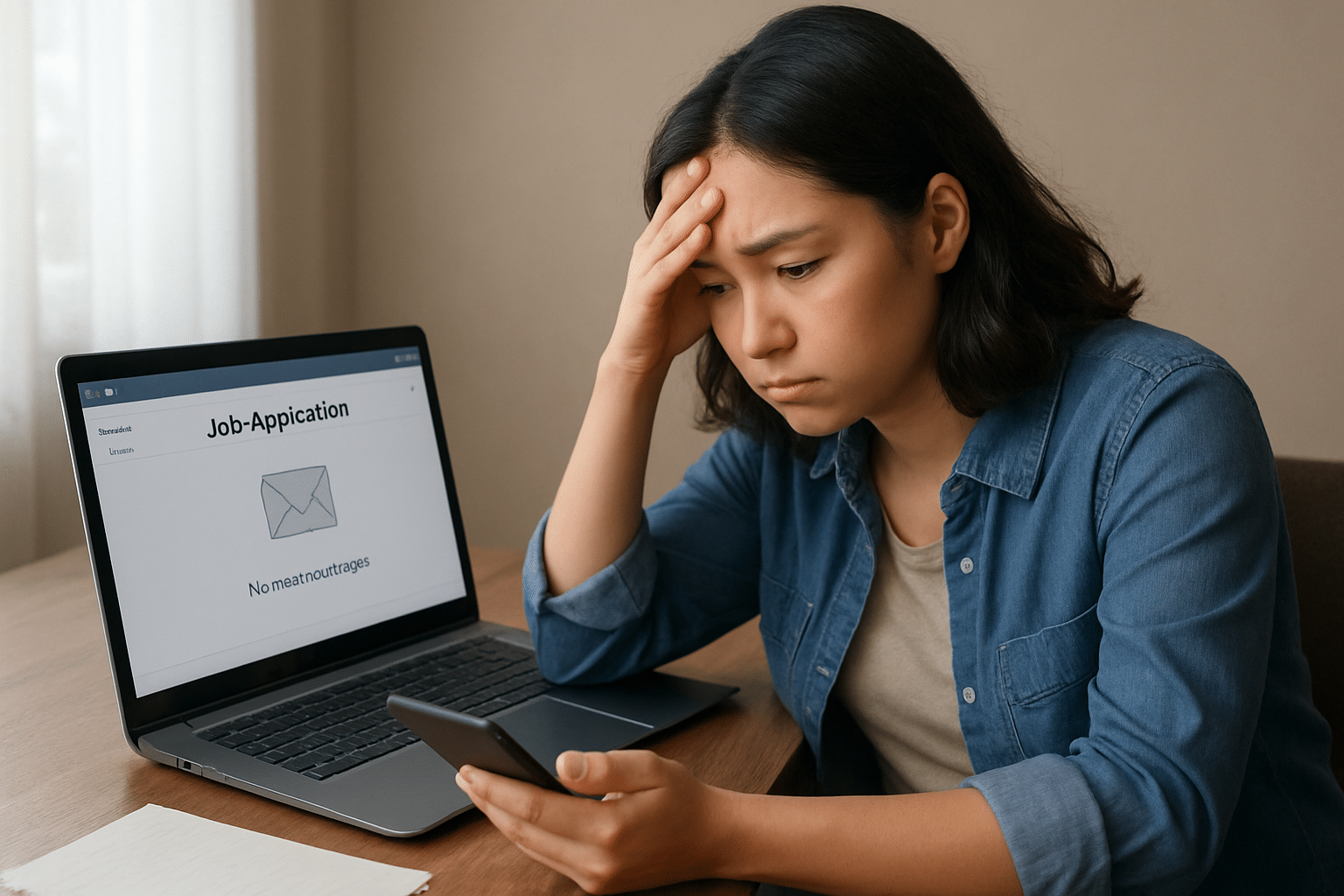A woman looking frustrated and forlorn sitting in front of a laptop with a "no messages" icon and staring at her phone.
