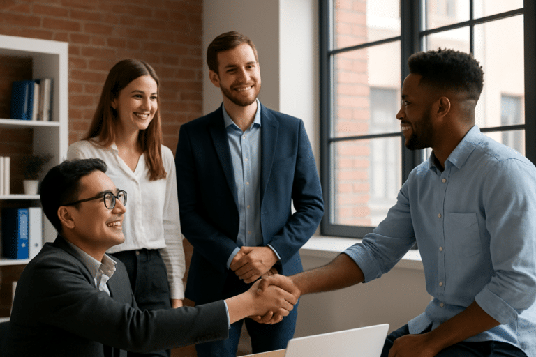 A group of four diverse professionals smiling and engaging in conversation in a modern office setting, with one person appearing to be newly welcomed to the team.