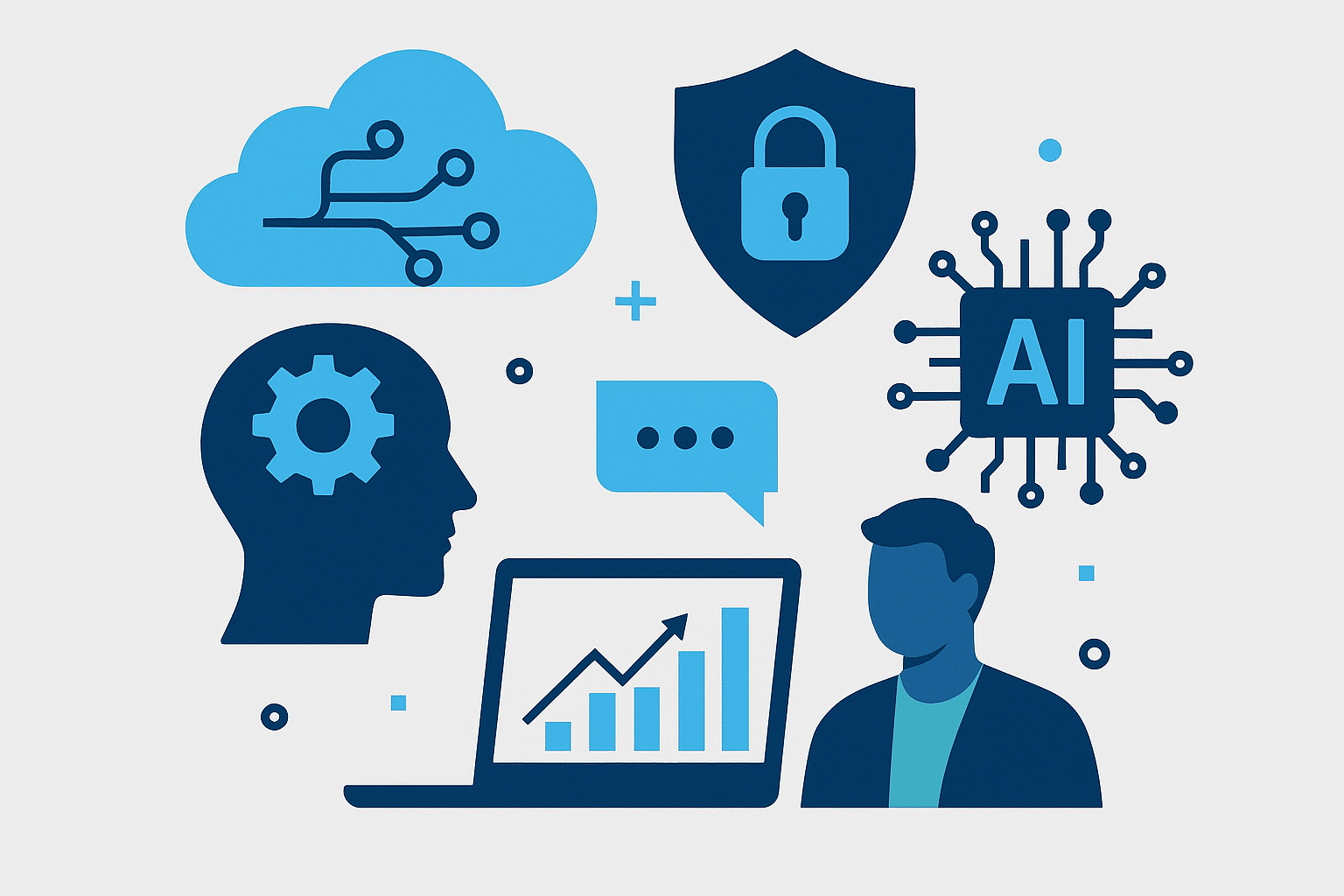 An image that shows depictions for different IT trends like cybersecurity and cloud computing