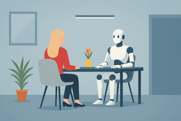 Illustration of a person interviewing with a robot, representing AI in the hiring process