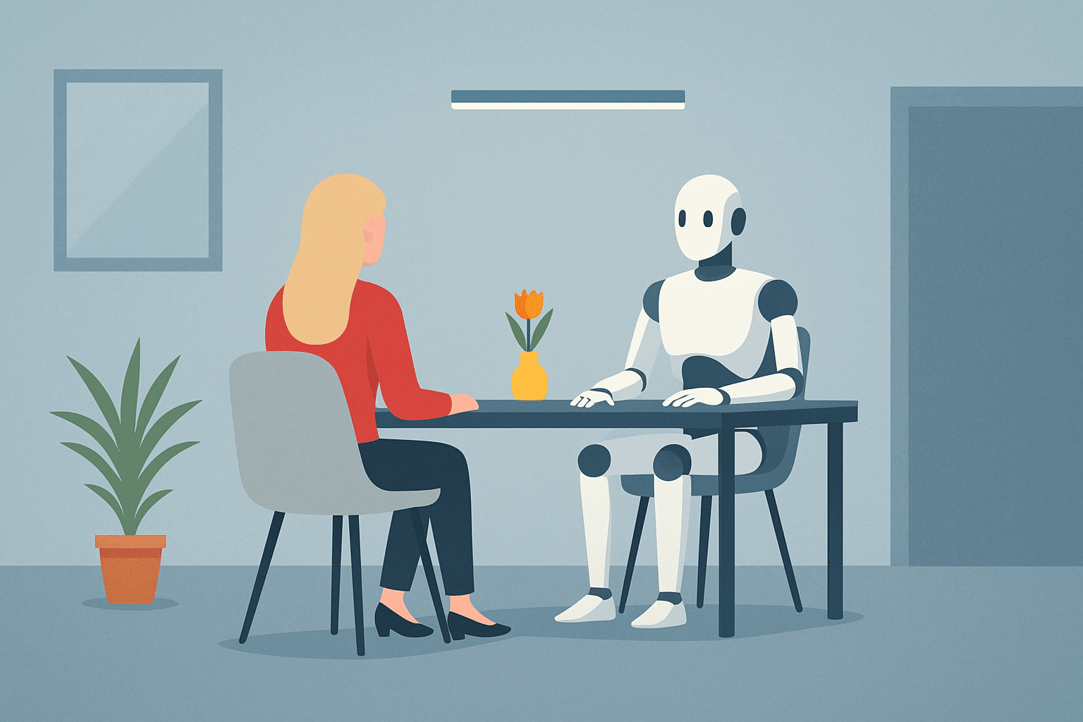 Illustration of a person interviewing with a robot, representing AI in the hiring process