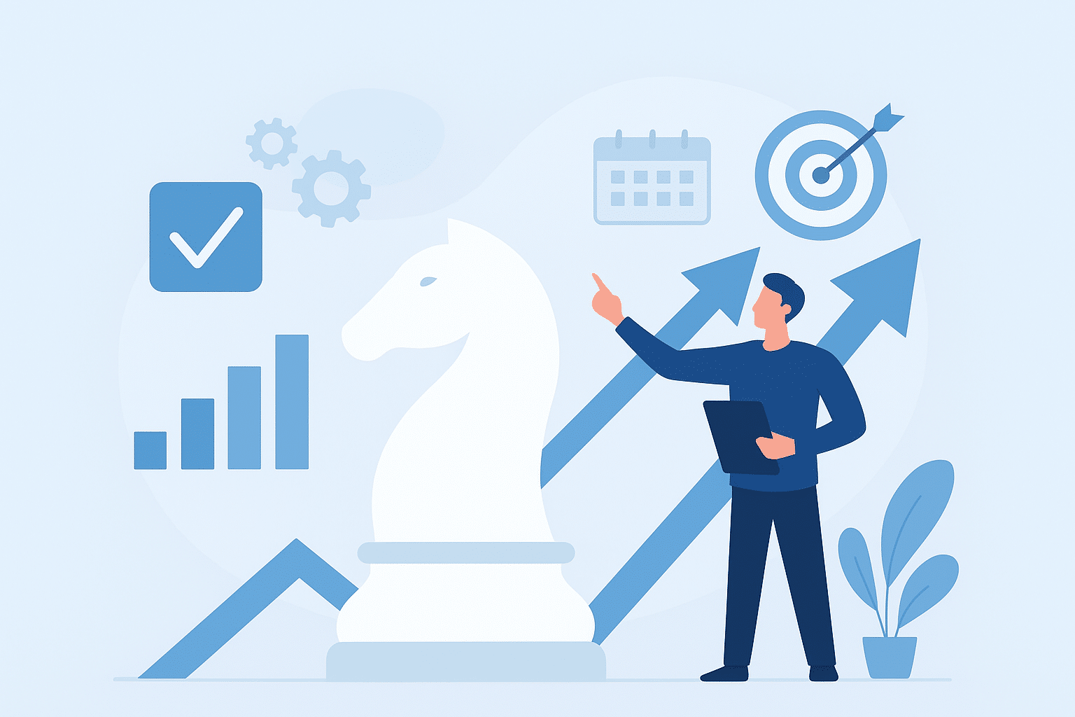 Illustration of a person holding a tablet and pointing upward, standing next to a large chess knight piece, symbolizing strategic planning. Surrounding icons include a calendar, target with an arrow, bar graph, checkmark, and gears, with upward-pointing arrows in the background, representing growth, progress, and goal achievement.