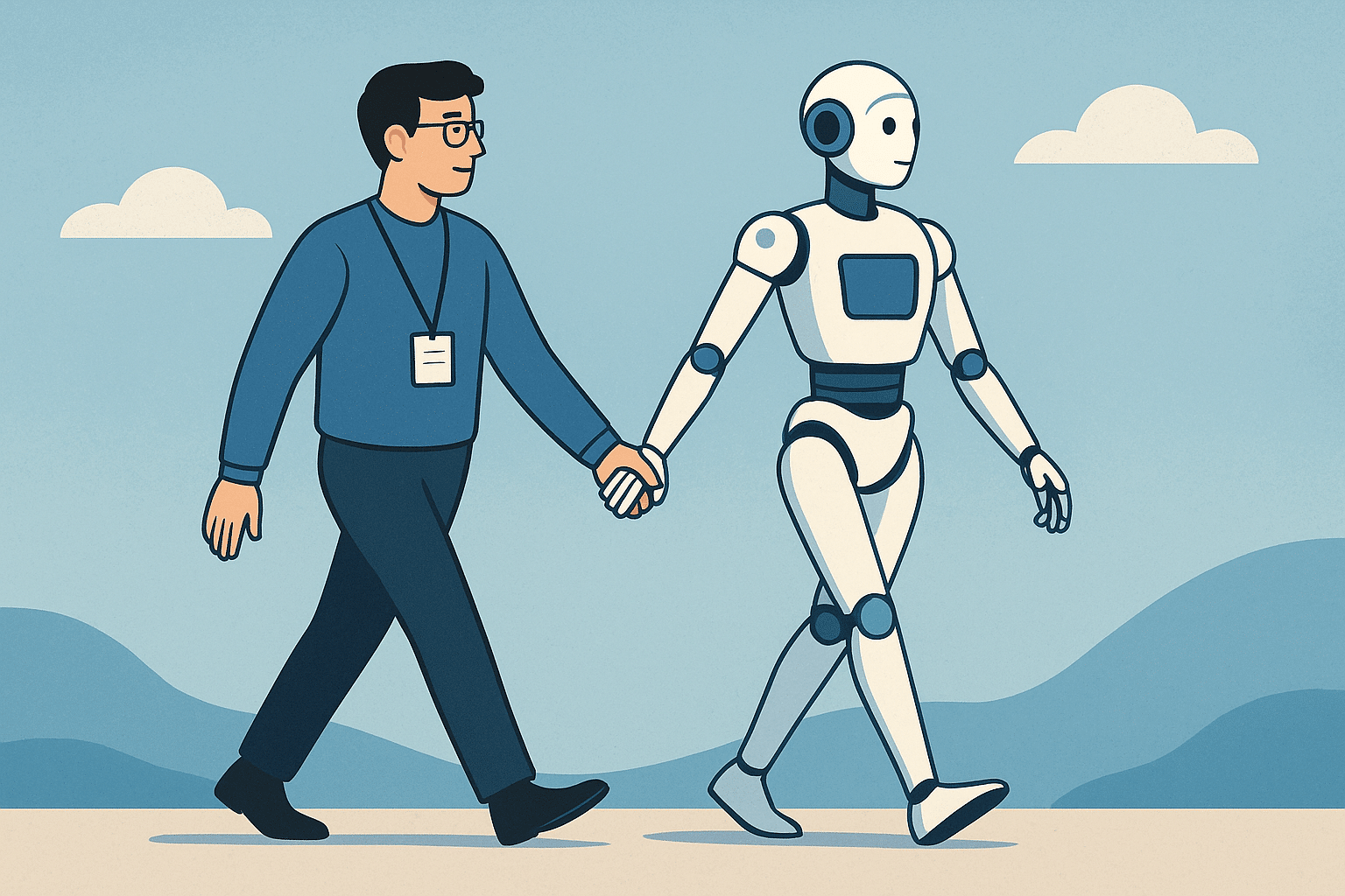 An illustrated image of an IT professional (man dressed in pants and a dark shirt with a lanyard hanging around his neck) walking hand-in-hand with an AI robot.