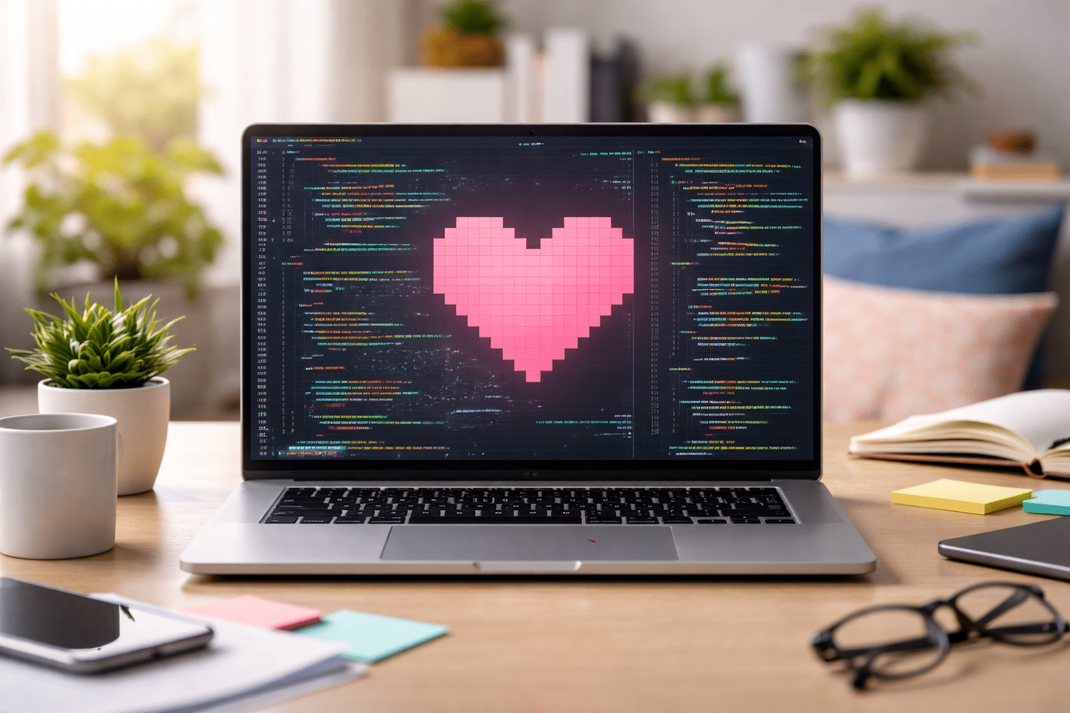 A modern laptop on a desk displaying code with a large pink pixelated heart on the screen, surrounded by office items like a notebook, sticky notes, coffee cup, and plant, symbolizing enjoying and loving your work.